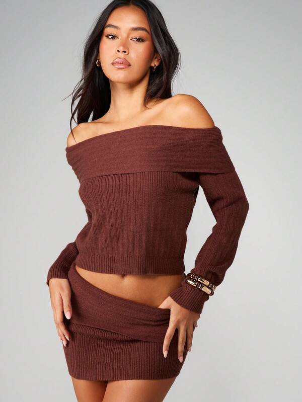 MISSGUIDED Off Shoulder Ribbed Knitted Sweater With Mini Skirt Set