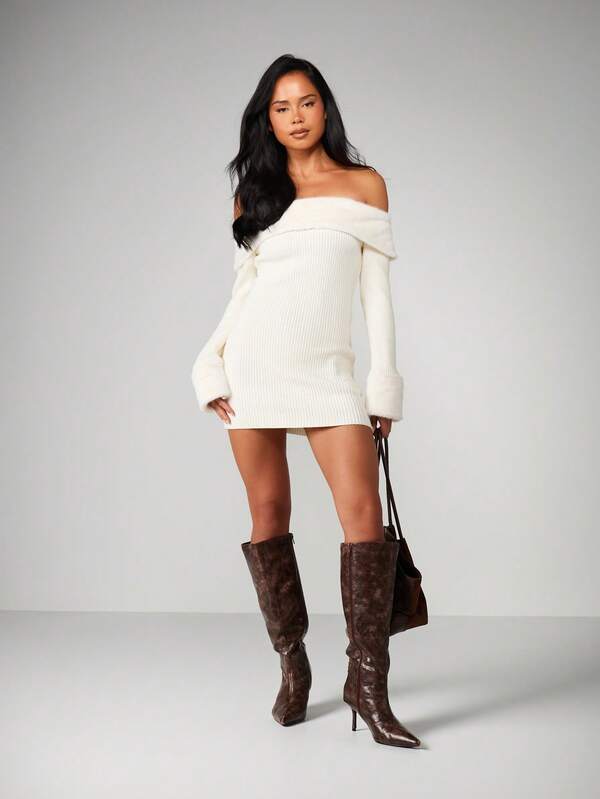 MISSGUIDED Off Shoulder Ribbed Sweater Dress With Fold Over Detail