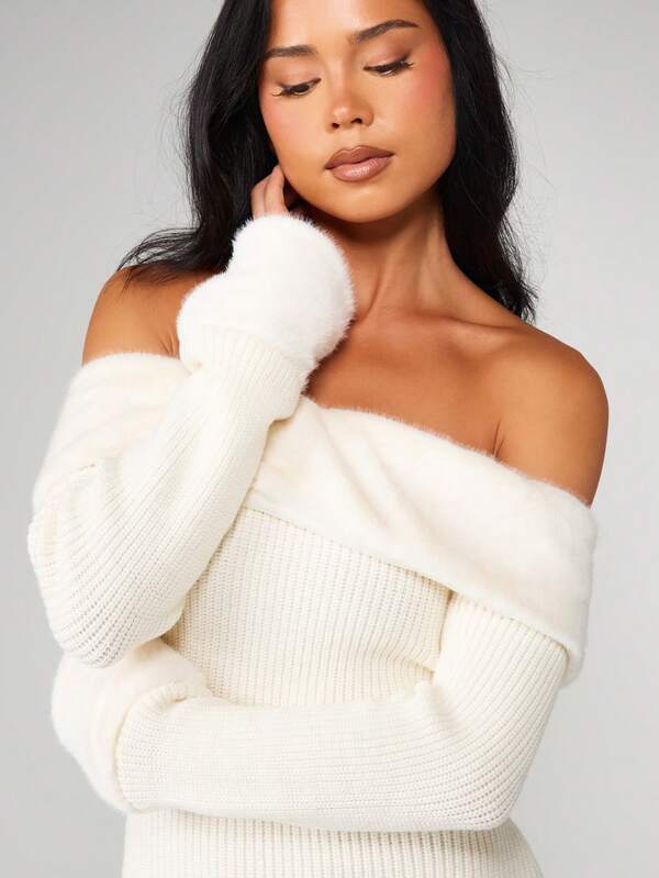 MISSGUIDED Off Shoulder Ribbed Sweater Dress With Fold Over Detail