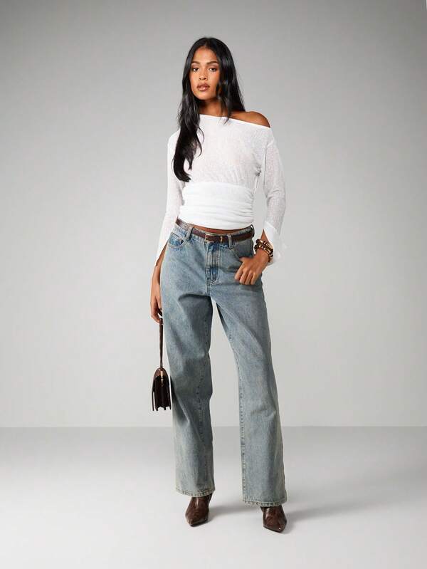 MISSGUIDED Off Shoulder Ribbed Top With Cinched Waist