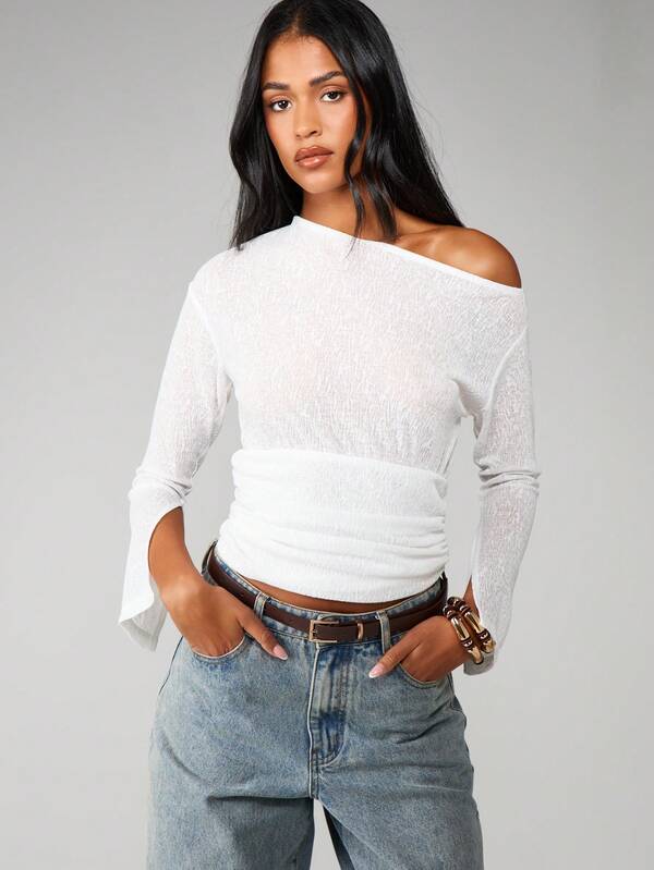 MISSGUIDED Off Shoulder Ribbed Top With Cinched Waist