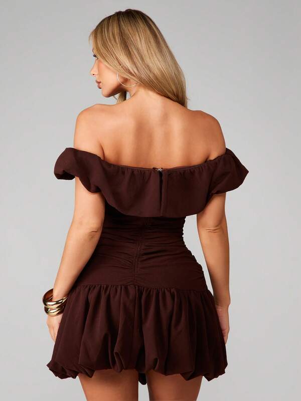 MISSGUIDED Off Shoulder Ruched Ruffle Mini Dress