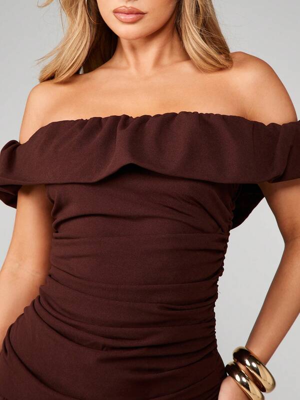 MISSGUIDED Off Shoulder Ruched Ruffle Mini Dress