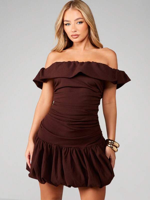 MISSGUIDED Off Shoulder Ruched Ruffle Mini Dress