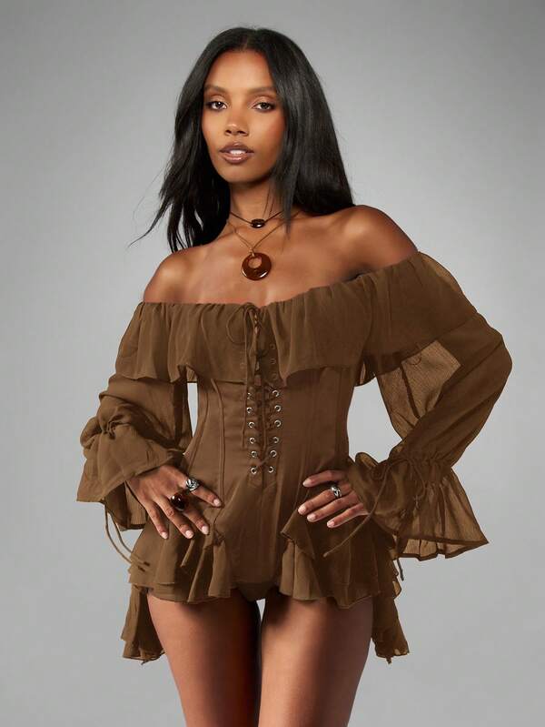 MISSGUIDED Off Shoulder Ruffle Bodysuit With Corset Detail