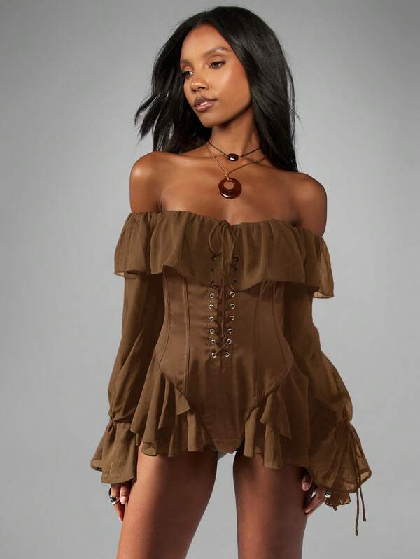MISSGUIDED Off Shoulder Ruffle Bodysuit With Corset Detail
