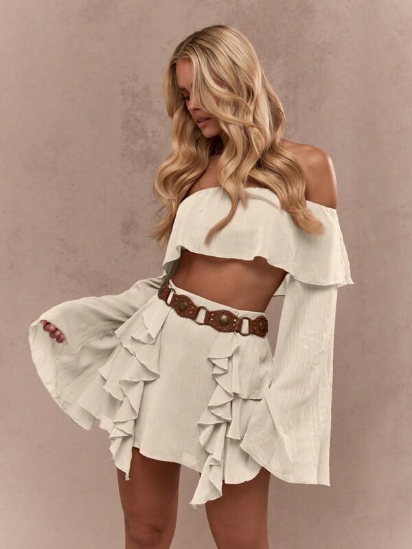 MISSGUIDED Off Shoulder Ruffle Crop Top With Bell Sleeves