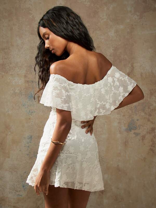 MISSGUIDED Off Shoulder Ruffle Lace Overlay A-Line Mini Dress