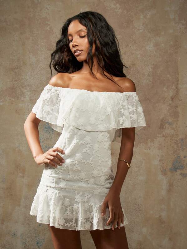 MISSGUIDED Off Shoulder Ruffle Lace Overlay A-Line Mini Dress