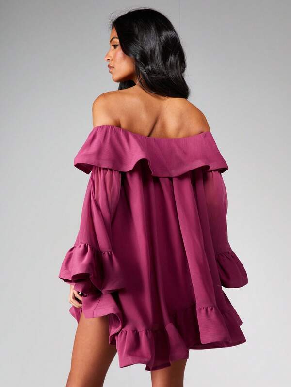 MISSGUIDED Off Shoulder Ruffle Mini Dress With Bell Sleeves