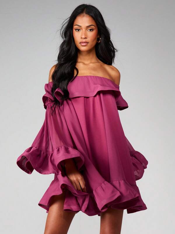 MISSGUIDED Off Shoulder Ruffle Mini Dress With Bell Sleeves