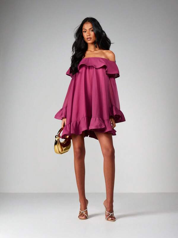 MISSGUIDED Off Shoulder Ruffle Mini Dress With Bell Sleeves