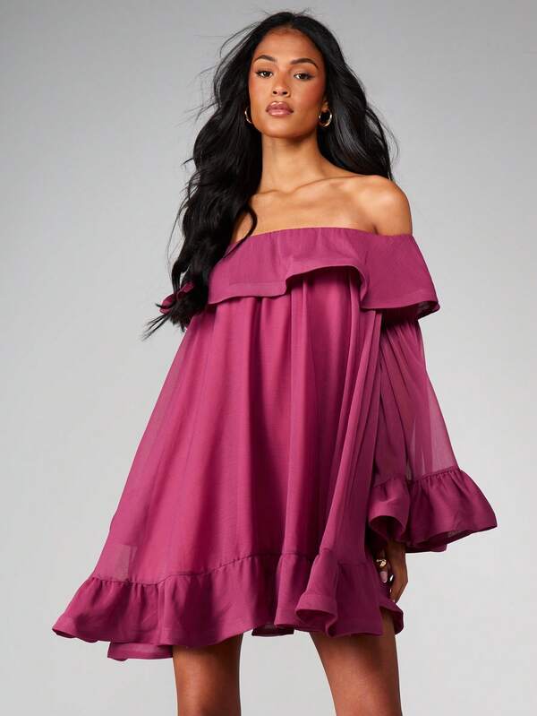 MISSGUIDED Off Shoulder Ruffle Mini Dress With Bell Sleeves