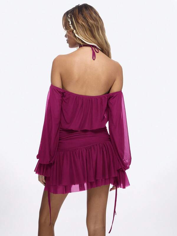 MISSGUIDED Off Shoulder Ruffle Mini Dress With Blouson Sleeves