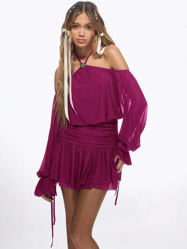 MISSGUIDED Off Shoulder Ruffle Mini Dress With Blouson Sleeves