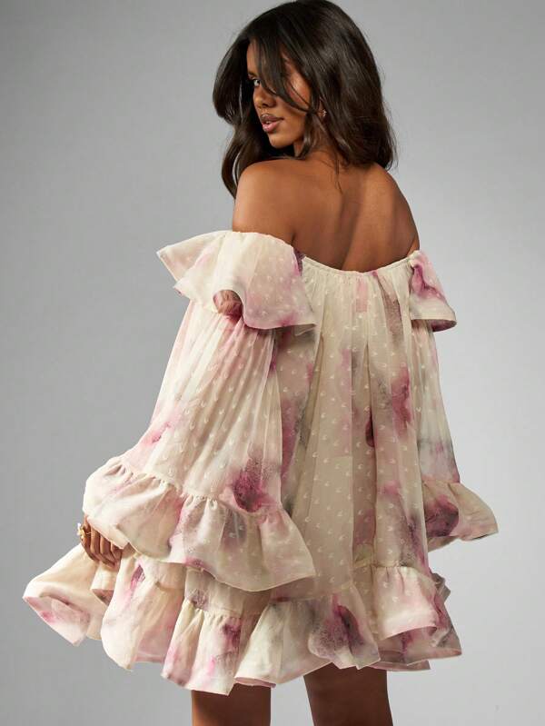 MISSGUIDED Off Shoulder Ruffle Watercolor Print Chiffon Mini Dress