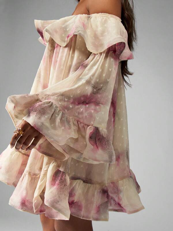 MISSGUIDED Off Shoulder Ruffle Watercolor Print Chiffon Mini Dress