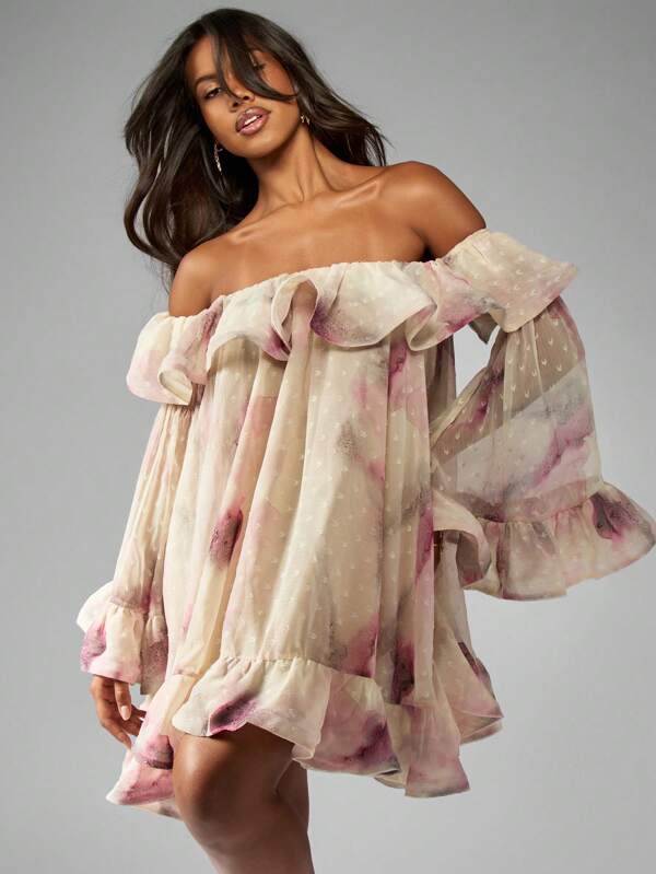 MISSGUIDED Off Shoulder Ruffle Watercolor Print Chiffon Mini Dress