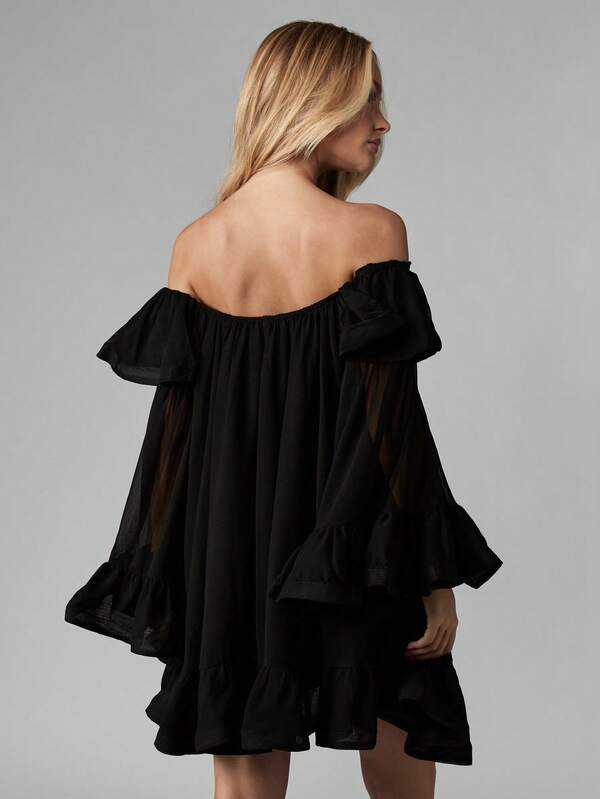 MISSGUIDED Off Shoulder Ruffled Chiffon Mini Dress With Bell Sleeves