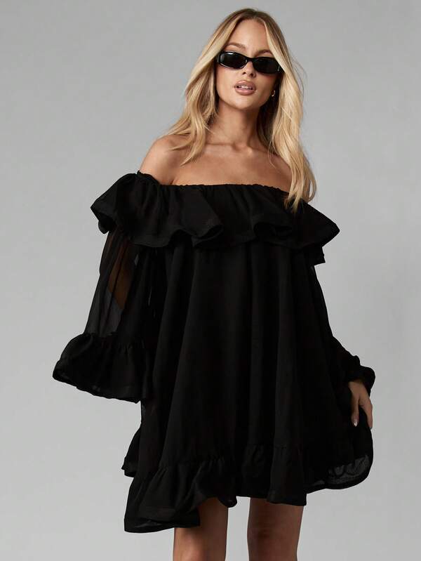 MISSGUIDED Off Shoulder Ruffled Chiffon Mini Dress With Bell Sleeves