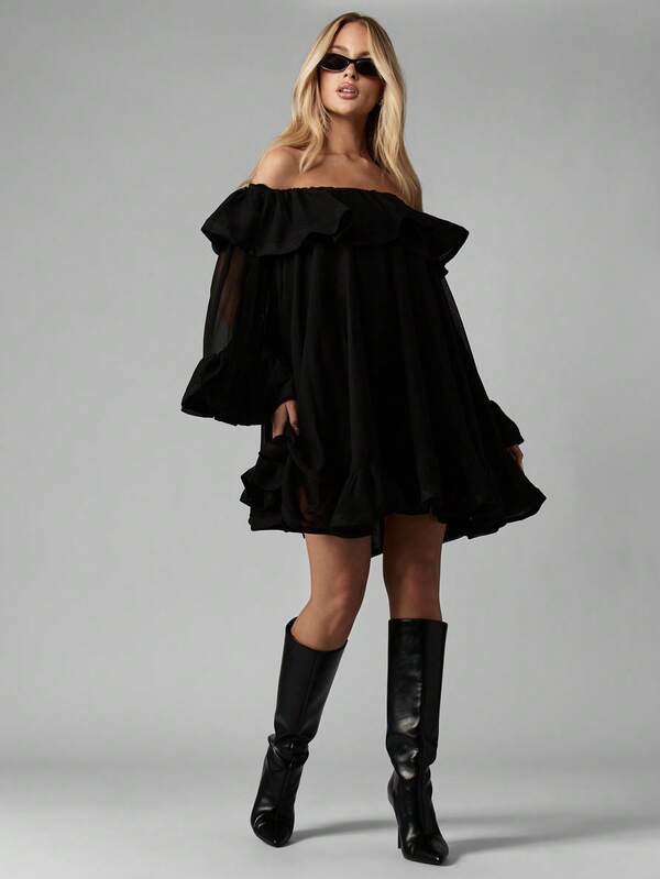 MISSGUIDED Off Shoulder Ruffled Chiffon Mini Dress With Bell Sleeves