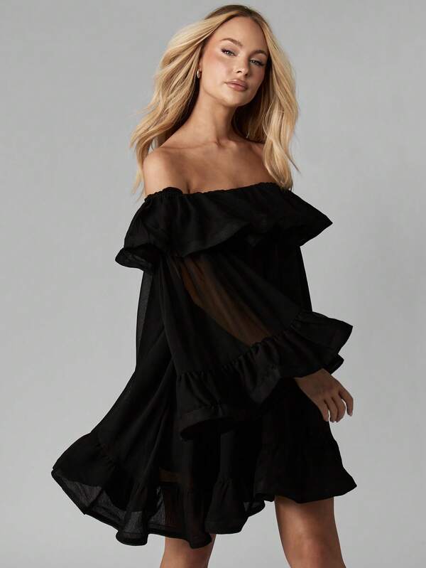 MISSGUIDED Off Shoulder Ruffled Chiffon Mini Dress With Bell Sleeves
