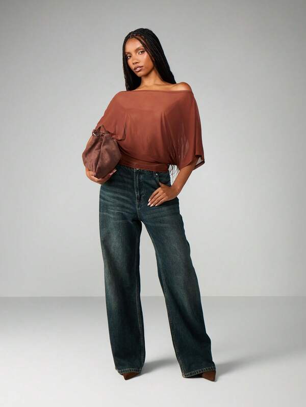 MISSGUIDED Off Shoulder Sheer Blouse With Batwing Sleeves
