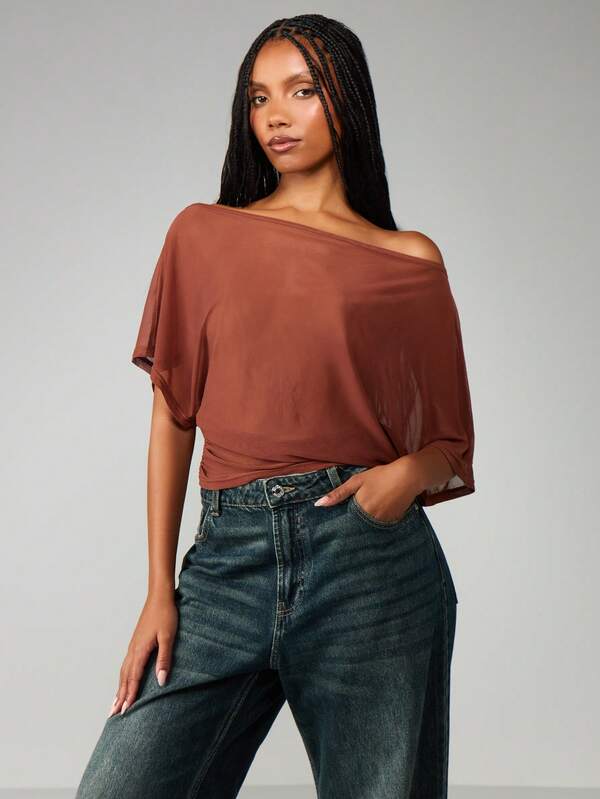 MISSGUIDED Off Shoulder Sheer Blouse With Batwing Sleeves