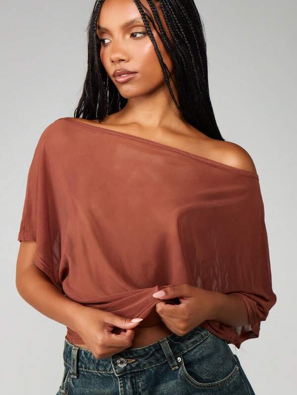 MISSGUIDED Off Shoulder Sheer Blouse With Batwing Sleeves