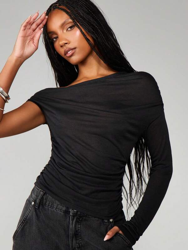 MISSGUIDED Off Shoulder Sheer Knit Top With Long Sleeves