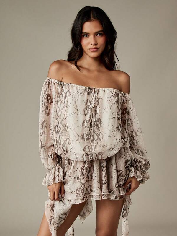 MISSGUIDED Off Shoulder Snake Print Dress With Ruffled Hem And Puff Sleeves