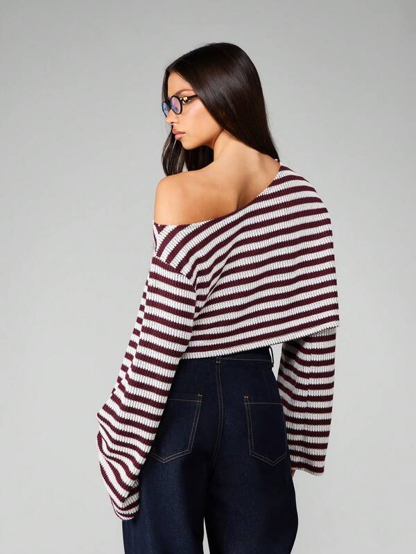 MISSGUIDED Off Shoulder Striped Cropped Sweater With Long Sleeves