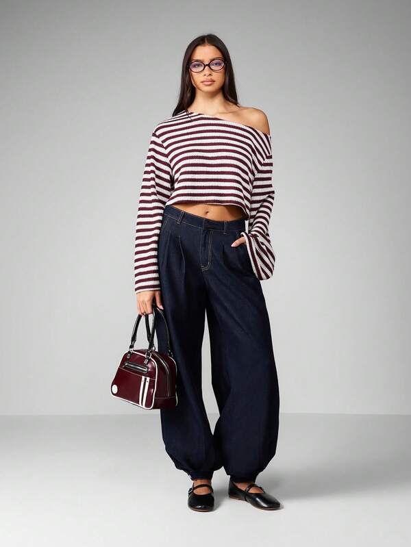 MISSGUIDED Off Shoulder Striped Cropped Sweater With Long Sleeves
