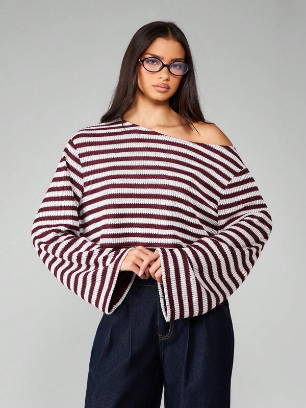 MISSGUIDED Off Shoulder Striped Cropped Sweater With Long Sleeves