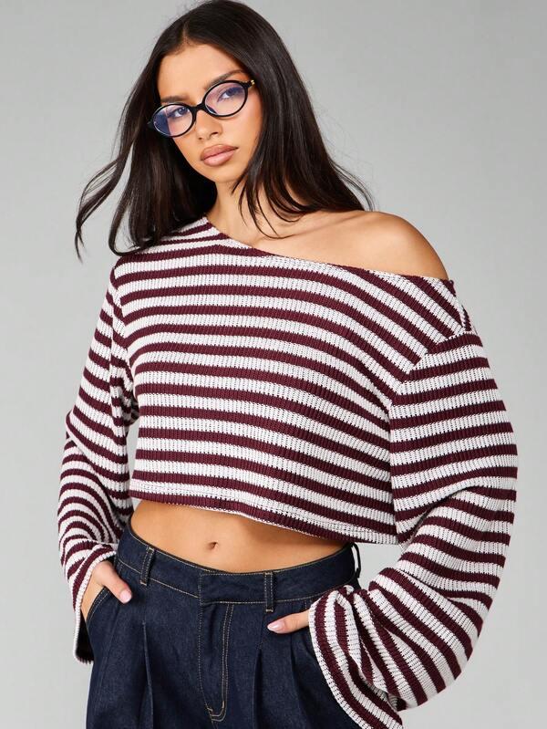 MISSGUIDED Off Shoulder Striped Cropped Sweater With Long Sleeves