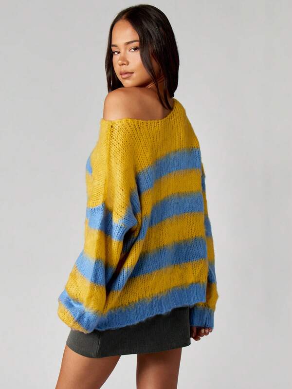 MISSGUIDED Off Shoulder Striped Knit Sweater With Long Sleeves