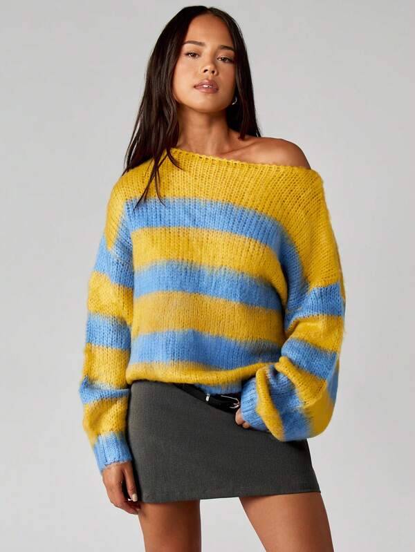 MISSGUIDED Off Shoulder Striped Knit Sweater With Long Sleeves
