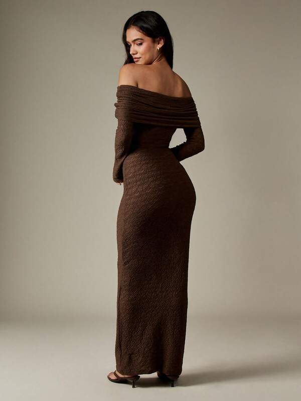 MISSGUIDED Off Shoulder Textured Knit Bodycon Dress With Ruched Overlay