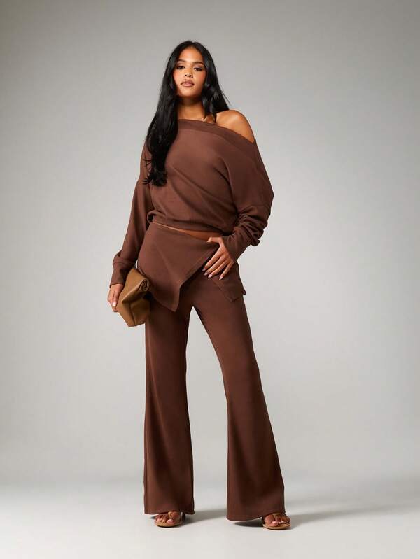 MISSGUIDED Off Shoulder Top With Bell Bottom Pants Coordinated Set