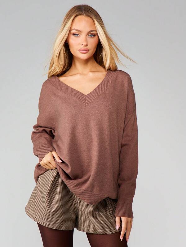 MISSGUIDED Off Shoulder V-Neck Oversized Knit Sweater