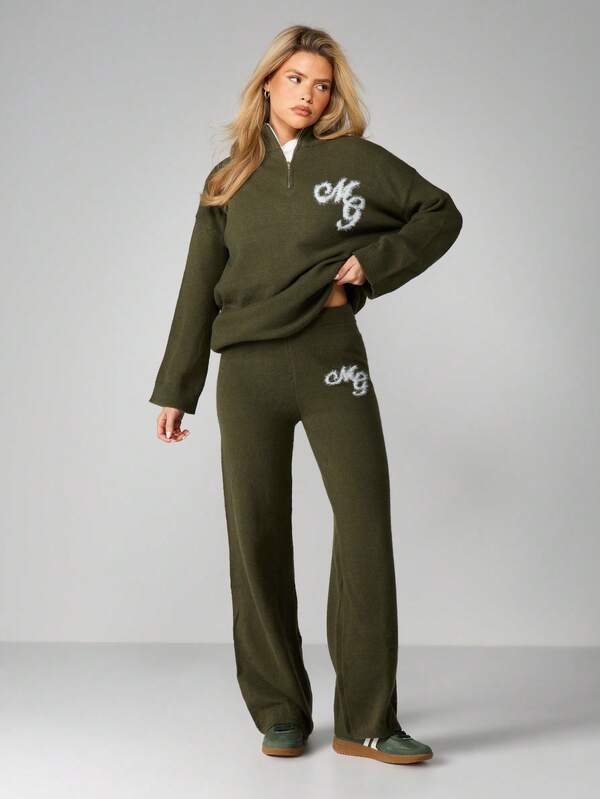 MISSGUIDED Olive Wide Leg Knit Pants With Logo