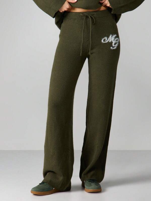 MISSGUIDED Olive Wide Leg Knit Pants With Logo