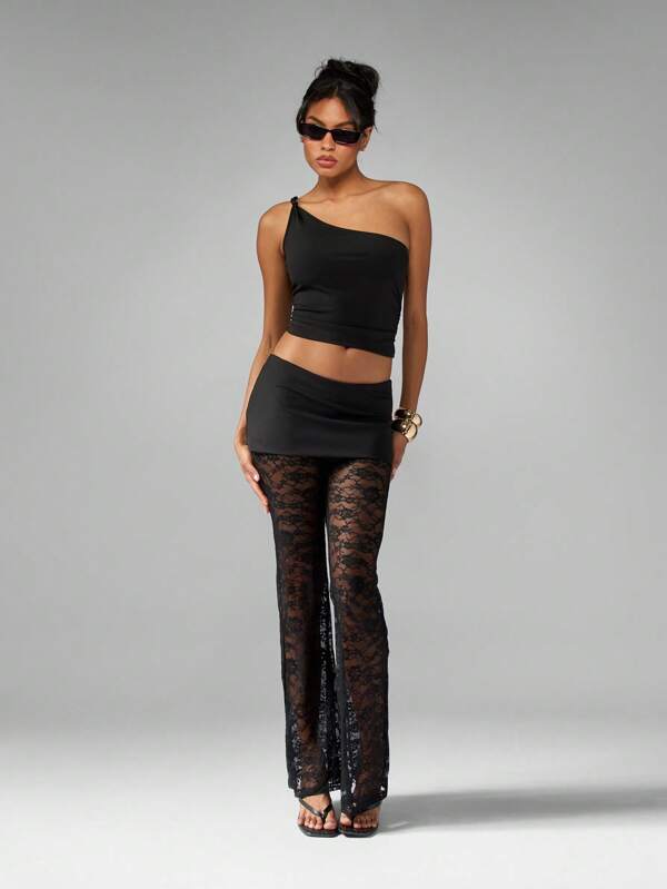 MISSGUIDED One Shoulder Crop Top With Lace Flare Pants