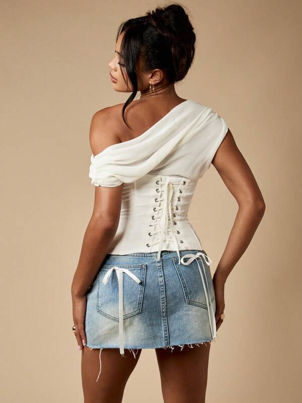 MISSGUIDED One Shoulder Draped Corset Top With Lace Back
