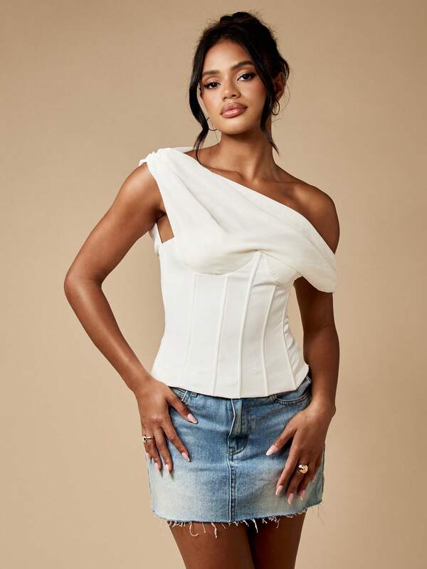 MISSGUIDED One Shoulder Draped Corset Top With Lace Back
