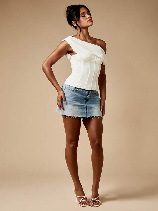 MISSGUIDED One Shoulder Draped Corset Top With Lace Back
