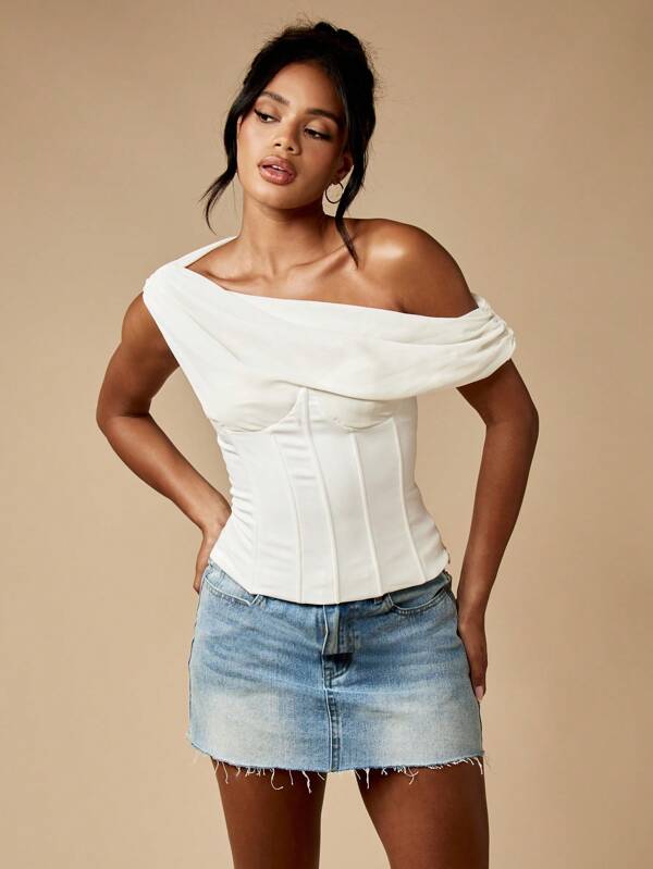 MISSGUIDED One Shoulder Draped Corset Top With Lace Back