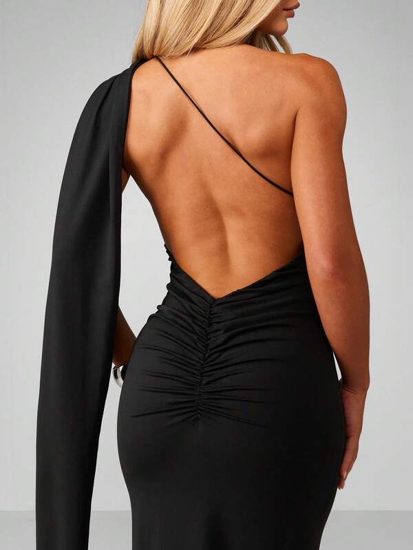 MISSGUIDED One Shoulder Draped Maxi Dress With Open Back