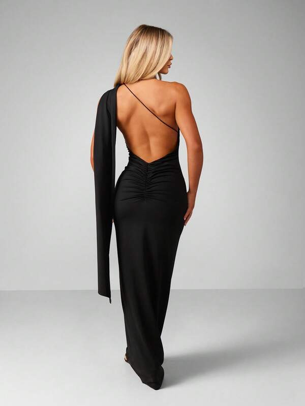 MISSGUIDED One Shoulder Draped Maxi Dress With Open Back