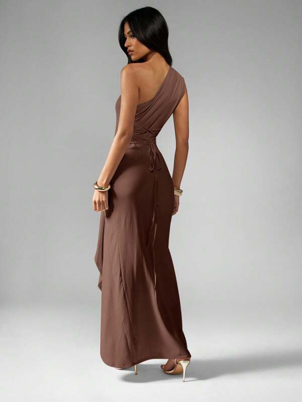 MISSGUIDED One Shoulder Draped Ruched Side Split Formal Maxi Dress
